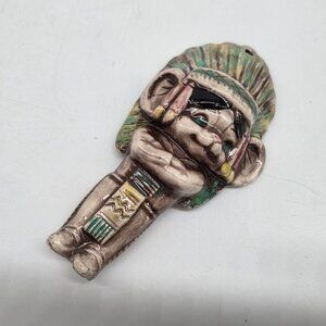 Glazed Ceramic Mouse Figure Native American Chief Hanging Ornament 4" Feather